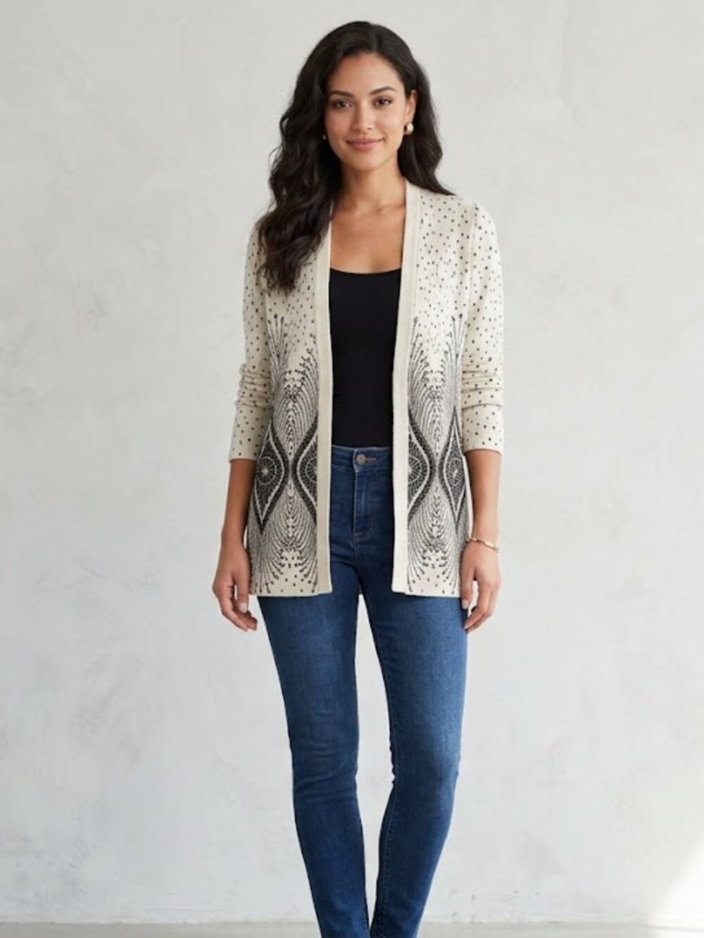Moffi Open Front Cardigan Top Geometric Print Professional Casual Bohemian Cream